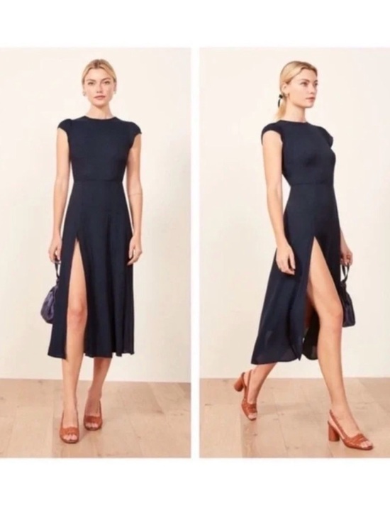 Reformation Dresses & Skirts - Reformation Navy Cap-Sleeve Midi Dress with Front Slits